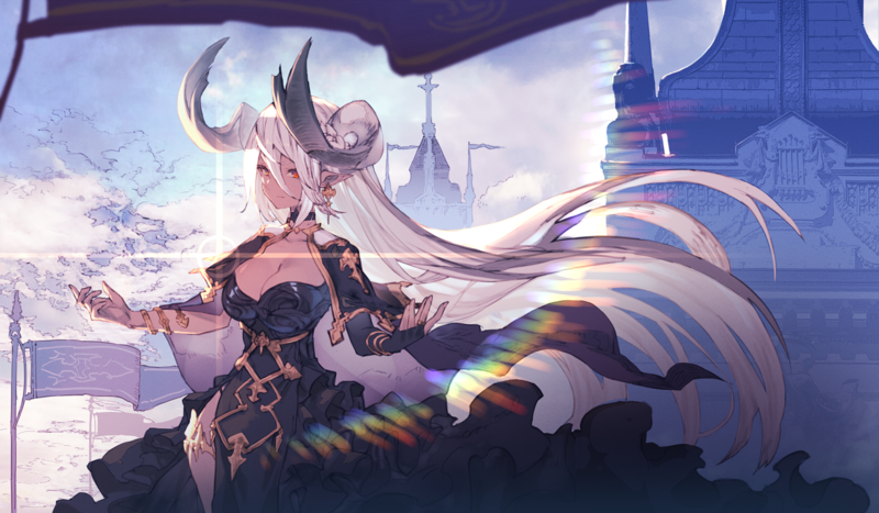 anime, anime girls, digital art, artwork, portrait, 2D, horns, castle, flag, dress
