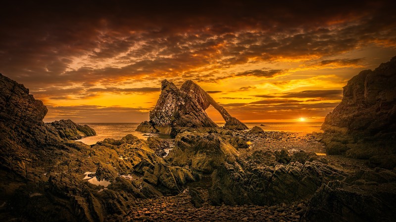 Scotland, Bow Fiddle Rock, beach, clouds, sea, rock formation, sunset