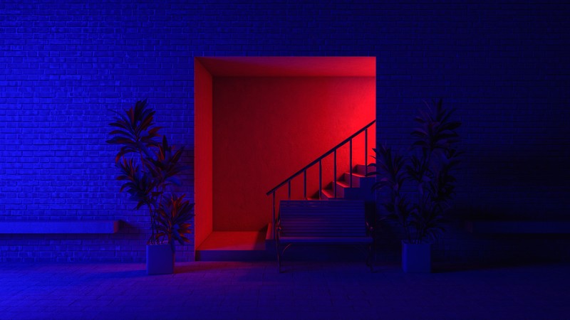 CGI, digital art, architecture, interior, interior design, render, plants, stairs, red, blue, bricks, bench, neon