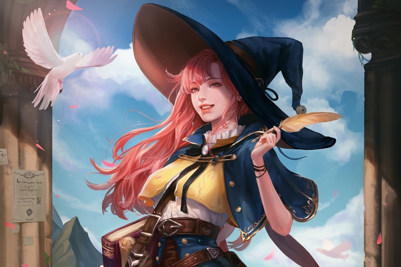 witch hat, birds, anime, anime girls, fantasy art, long hair, fantasy girl