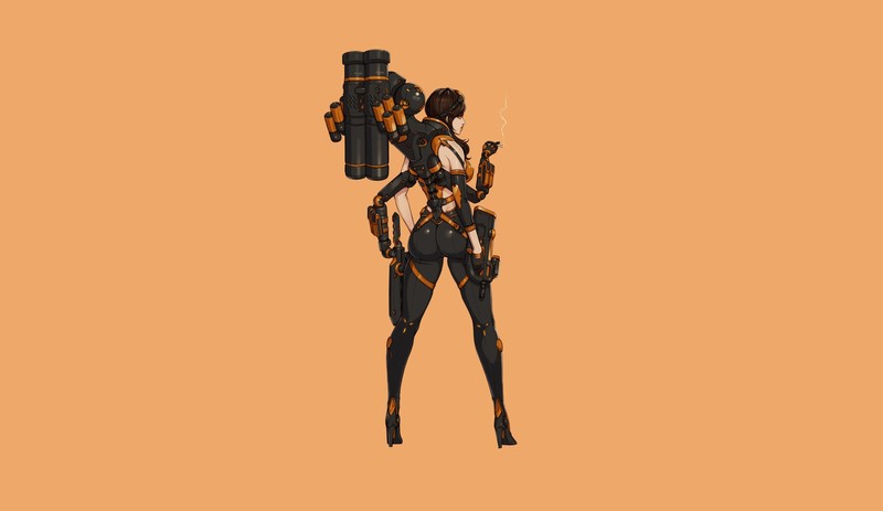 simple background, artwork, women, standing, futuristic, smoking, ass, weapon
