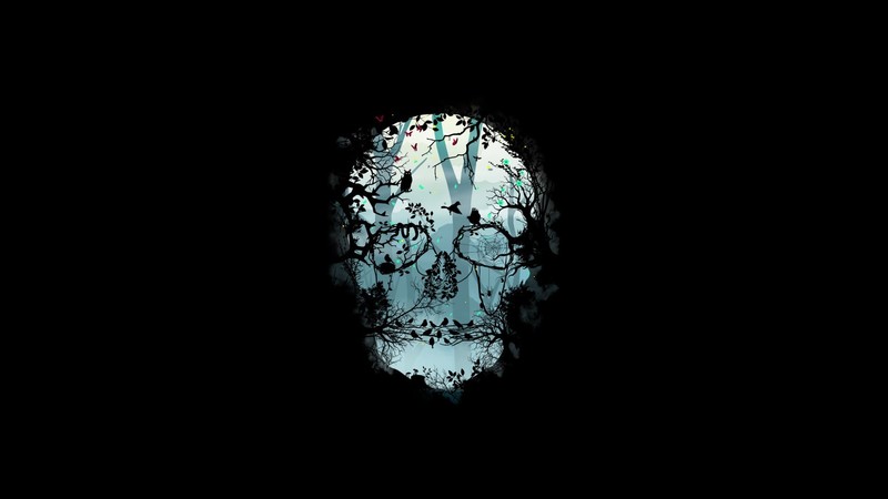 minimalism, skull, artwork, birds, simple background, black background