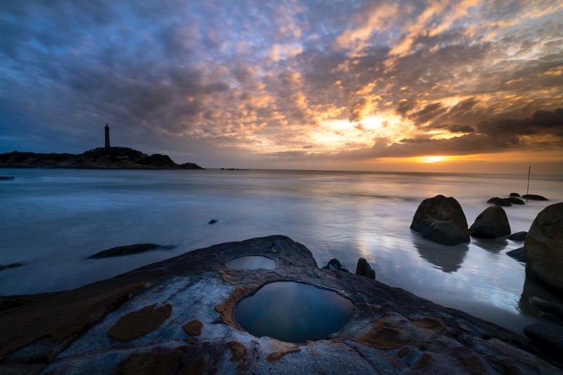 beach, clouds, long exposure, sea, water, sunset, sky