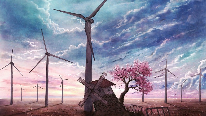 cherry blossom, windmill, sky, clouds