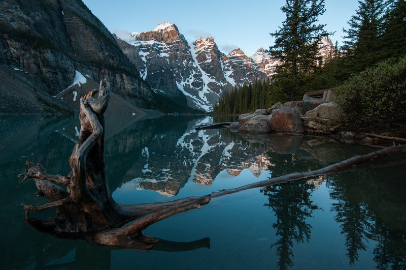 mountains, water, river, reflection, trees, dawn, nature, Canada, Moraine Lake