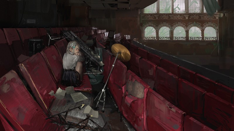 women, musical instrument, music sheet, abandoned, theater, drums, Seat