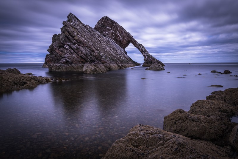 Scotland, sea, water, rocks, stones, coast, clouds, Bow Fiddle Rock