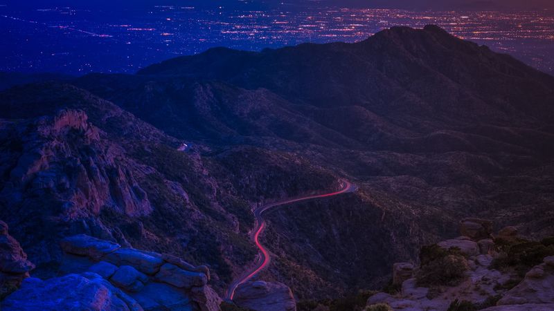 mountains, road, night, backlight, aerial view, 4k