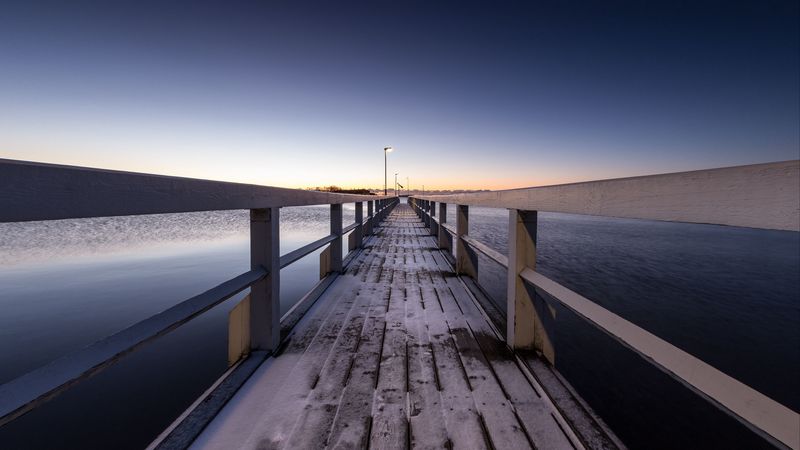 pier, snow, bridge, sunset, helsinki, finland, 4k