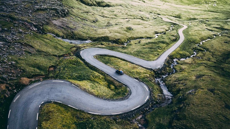 car, road, vehicle, asphalt, aerial view, landscape, curved