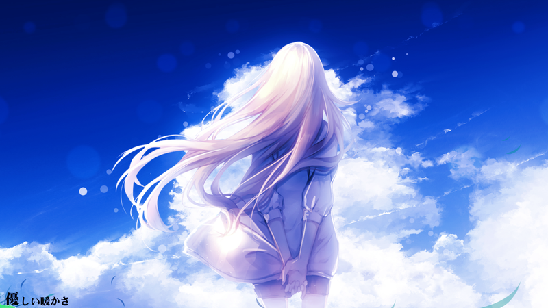 clear sky, bokeh, anime girls