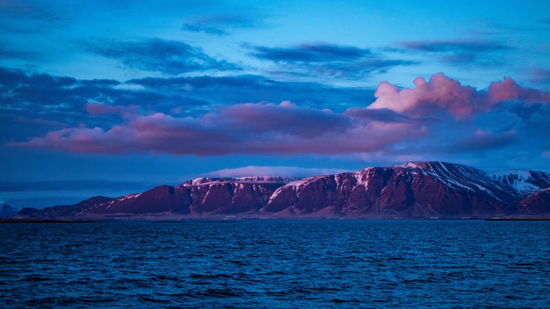 mountain, sea, clouds, purple, iceland, 4k