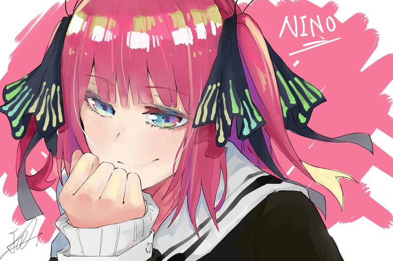 5-toubun no Hanayome, anime girls, short hair, redhead, ribbon, simple background, school uniform, smiling, blue eyes, Nakano Nino
