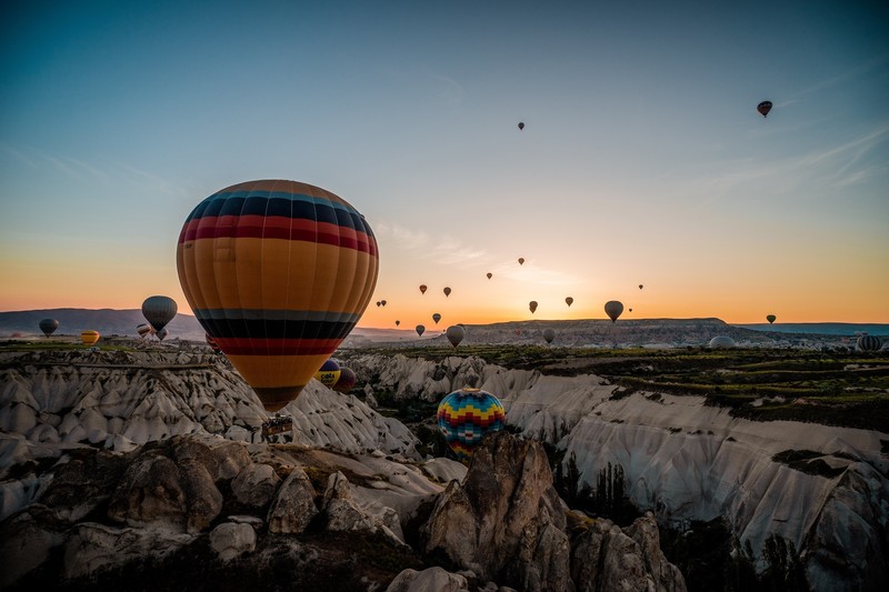 hot air balloons, balloon, photography, sky, flying, mountains, sunset, Cappadocia