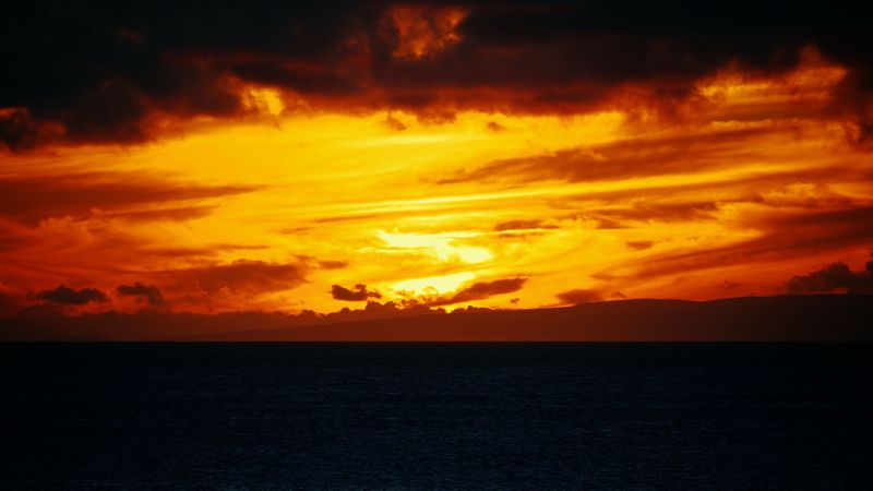 sea, horizon, sunset, clouds, fiery, sky, 4k