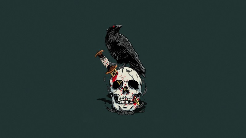 birds, skull, artwork, simple background, raven, green, green background, blood, knife, teeth, animals, feathers