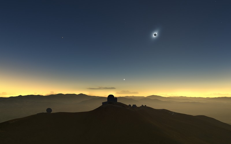 concept art, eclipse, telescope, Moon, Sun, sky, mountains, Chile
