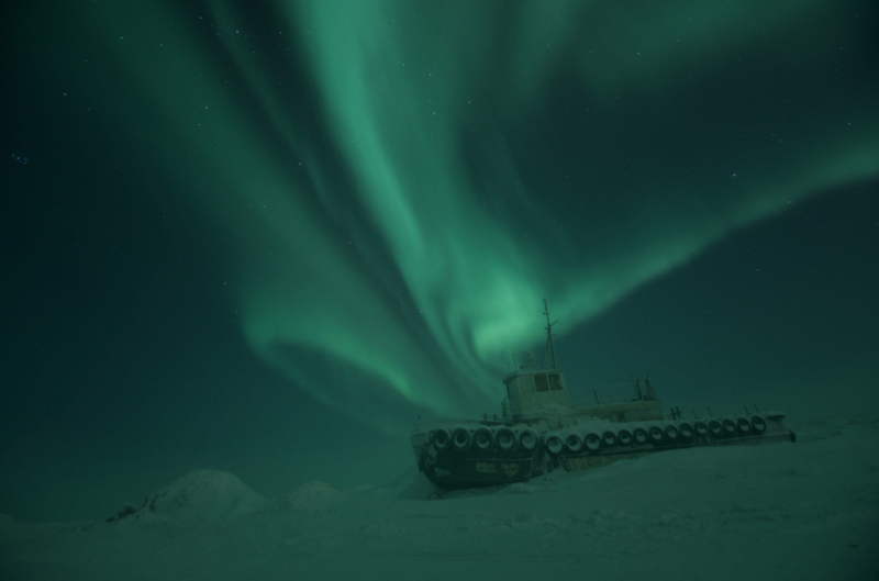 aurorae, snow, night, boat, sky, abandoned, tugboat, Alaska