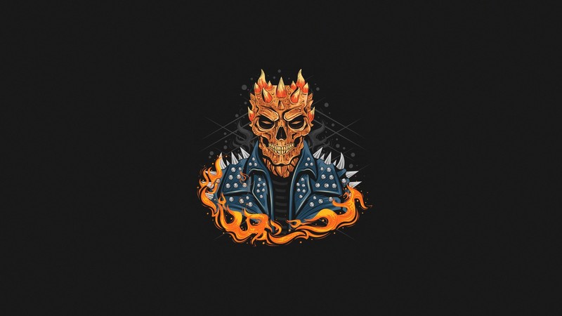 demon, skull, fire, artwork, simple background, minimalism, horns