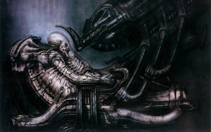H. R. Giger, dark, black, grey, detailed