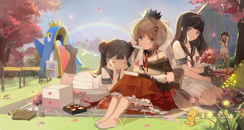 Card Captor Sakura, anime girls, short hair, long hair, black hair, smiling, green eyes, violet eyes, brunette, Sakura blossom, Daidouji Tomoyo, Hong Meiling, Kinomoto Sakura, school uniform
