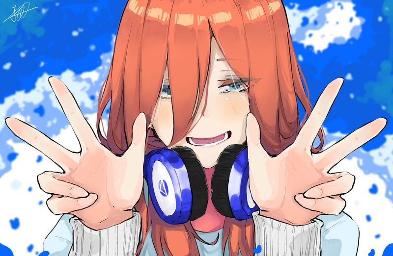 5-toubun no Hanayome, anime girls, long hair, redhead, smiling, blue eyes, headphones, peace sign, Nakano Miku