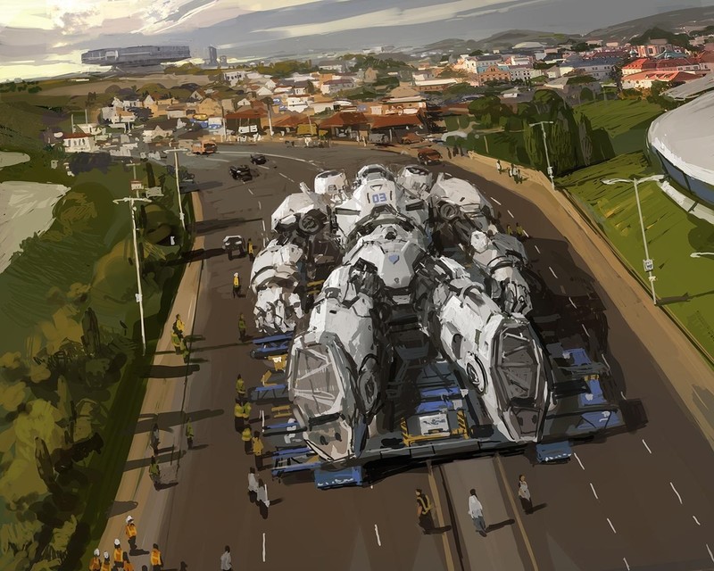 artwork, digital art, science fiction, robot, road, city