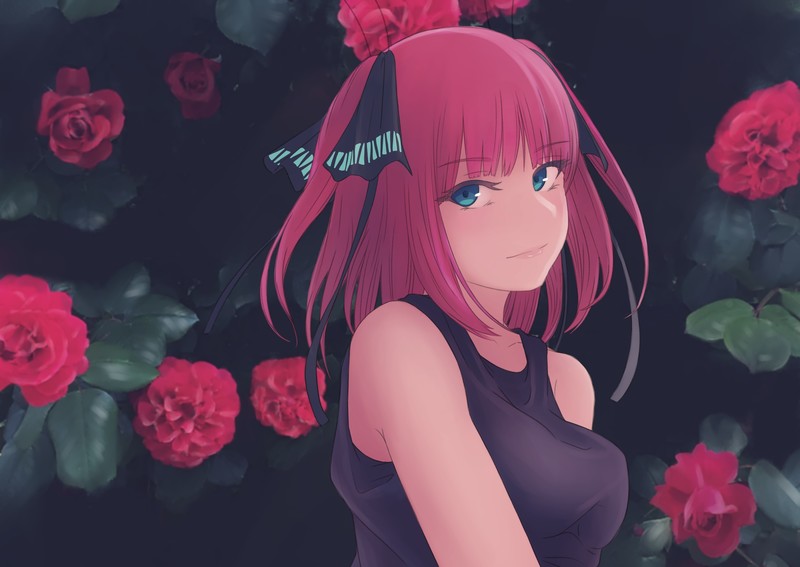 5-toubun no Hanayome, anime girls, short hair, big boobs, redhead, ribbon, roses, black t-shirt, blue eyes, Nakano Nino