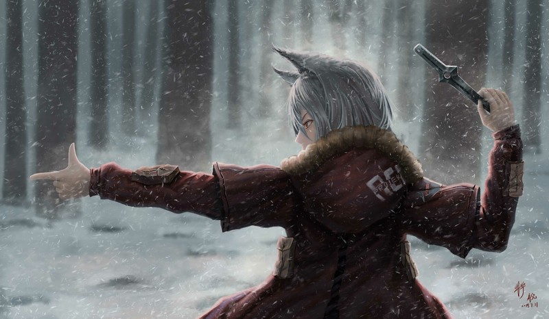 anime, anime girls, fantasy art, fantasy girl, snow, winter, trees, Arknights, Projekt Red(Arknights)