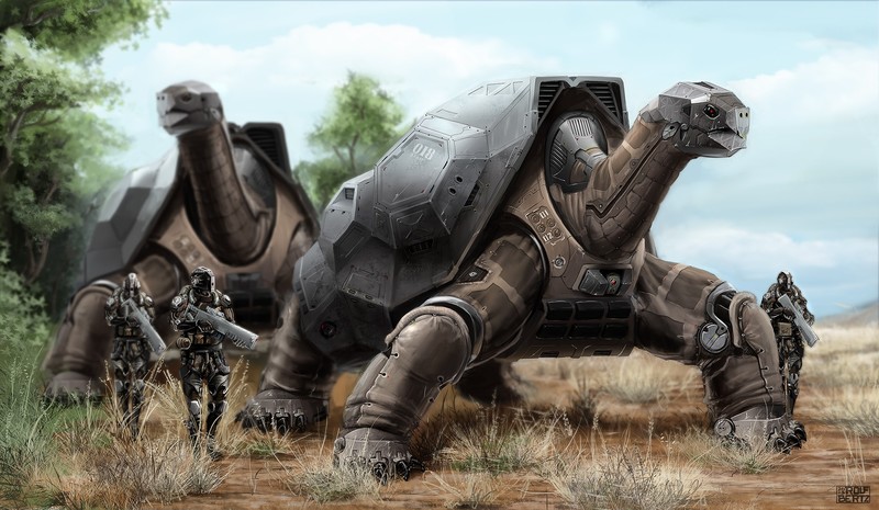 artwork, concept art, futuristic, soldier, weapon, turtle, robot, Robots, animals, digital art, Rolf Bertz