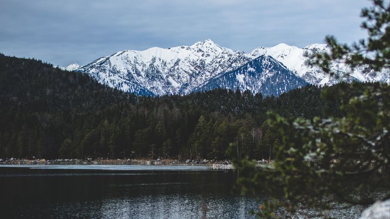 lake, mountains, landscape, snowy, eibsee, grainau, germany, 4k