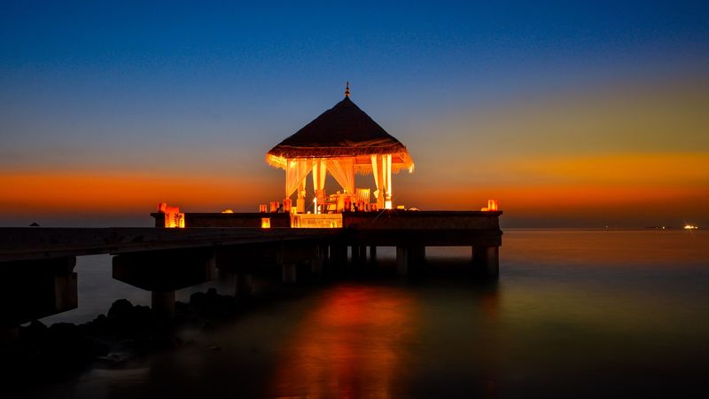 gazebo, pier, ocean, sunset, romance, 4k