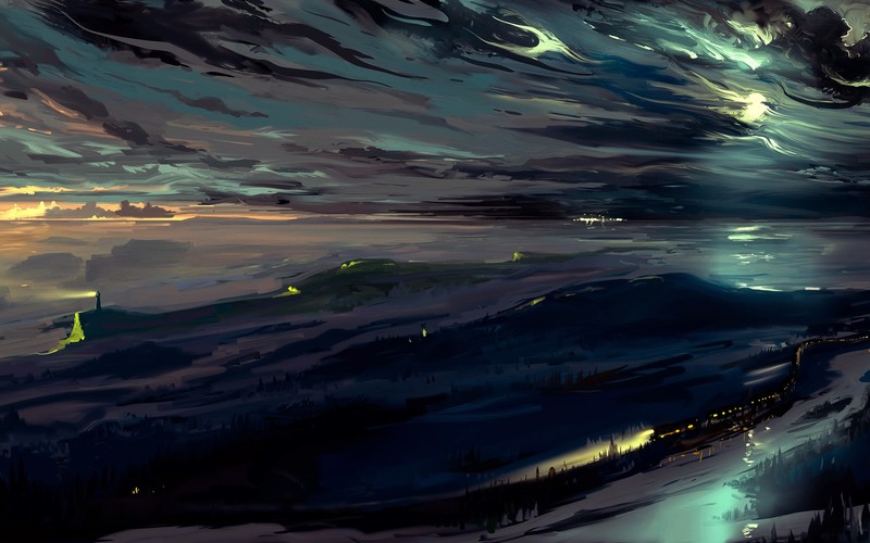 artwork, digital art, train, lighthouse, night, landscape, clouds, Moon, moonlight, Hangmoon