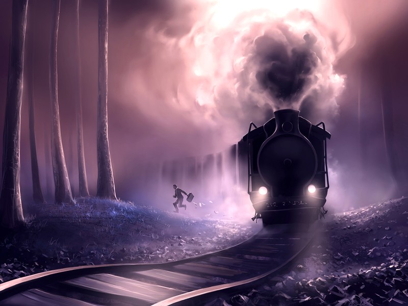train, steam locomotive, Steam Train, railway, trees, forest, night, smoke, head lights, artwork