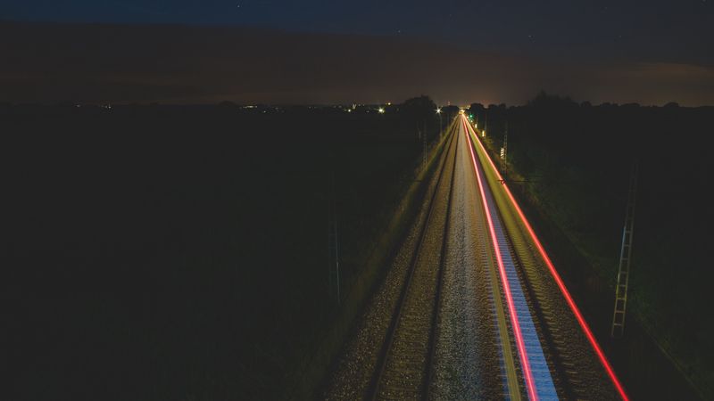 railway, lights, long exposure, night, 4k