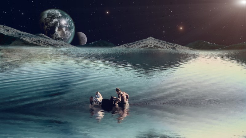 galaxy, romance, space, universe, planet, fantasy art, graphic design, digital, digital art, Earth, Moon, asteroid, lake, lovers, dreamscape, stars, water, love, Sun, sun rays, rock, rocks, mountains, sea, H2O
