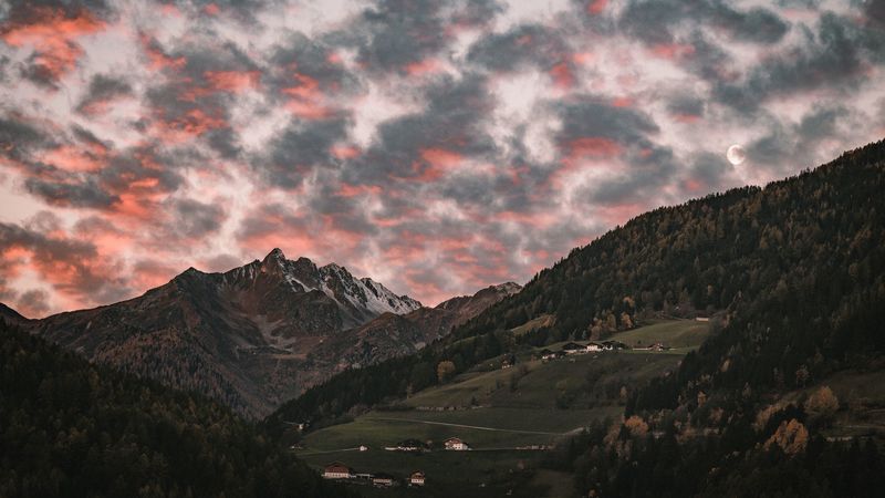 mountain, clouds, village, forest, trees, sunset, 4k