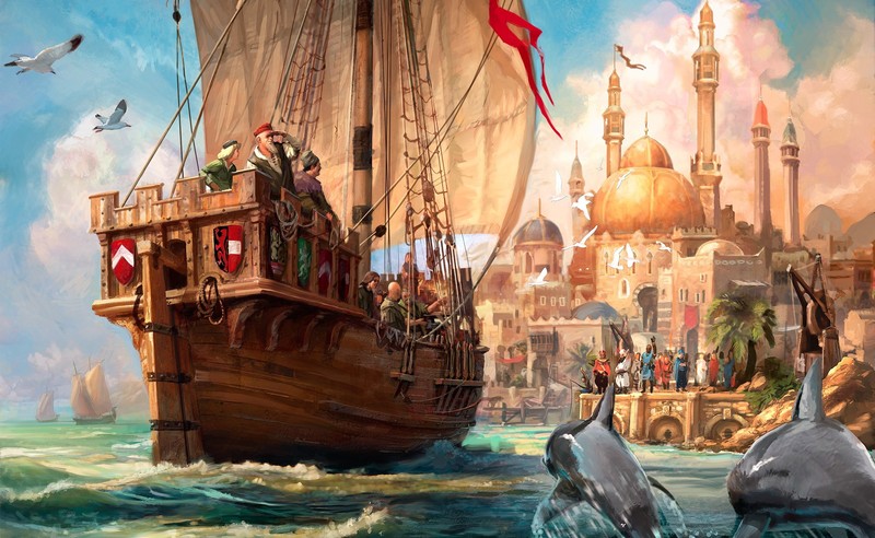 artwork, concept art, digital art, ship, sailing ship, sea, architecture, dolphin, Anno 1404, video games