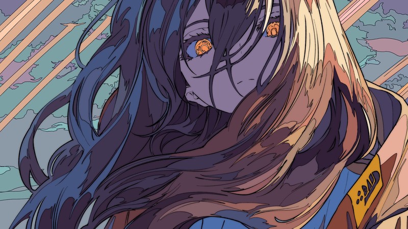 anime, anime girls, digital art, artwork, portrait, long hair, brunette, yellow eyes, sky, clouds
