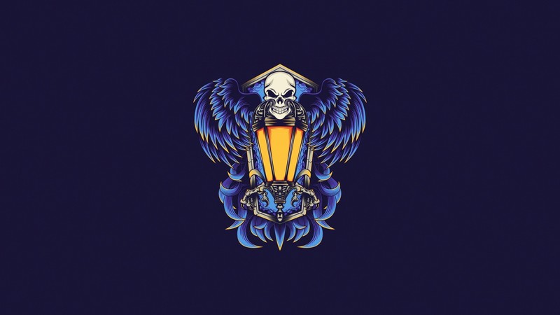 lantern, lamp, skull, artwork, blue background, simple background