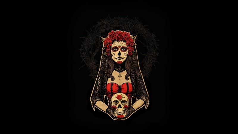 Dia de los Muertos, artwork, women, skull, minimalism, redhead, simple background
