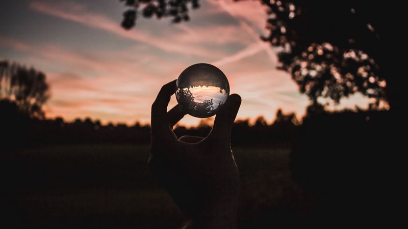 ball, glass, hand, sunset, transparent, 4k