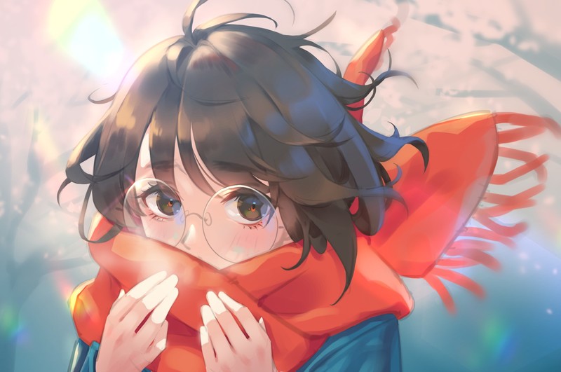 anime girls, original characters, anime, brunette, looking at viewer, blushing, scarf, portrait, cold, windy, artwork, digital art, 2D, illustration, drawing