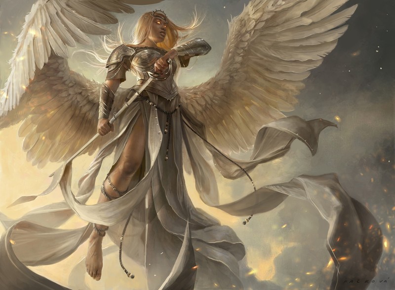 artwork, fantasy art, women, angel, blonde, wings, sword, armor