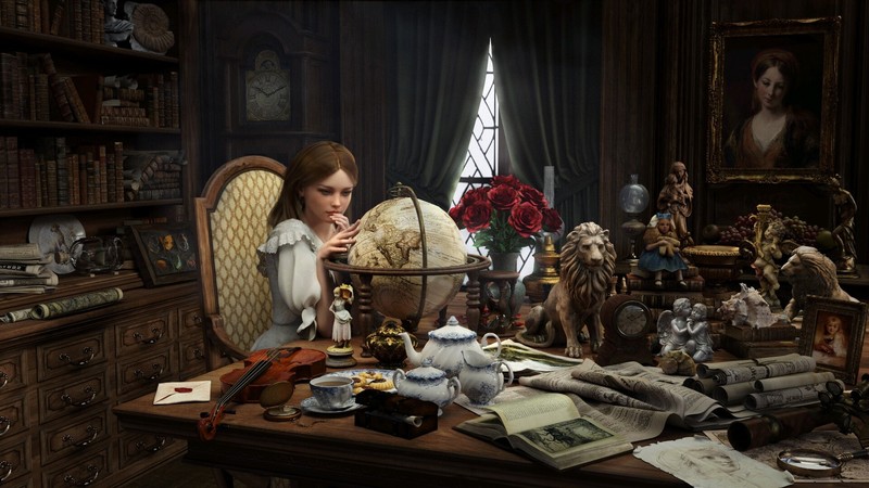artwork, fantasy art, 3D, women, room, violin, globes, roses, statue, painting