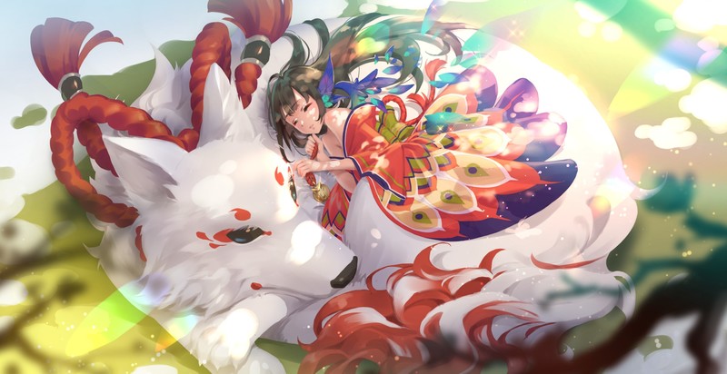 anime girls, original characters, anime, fairies, sleeping, bare shoulders, kimono, fantasy girl, fox, ropes, fantasy art, bokeh, artwork, digital art, 2D, illustration, drawing