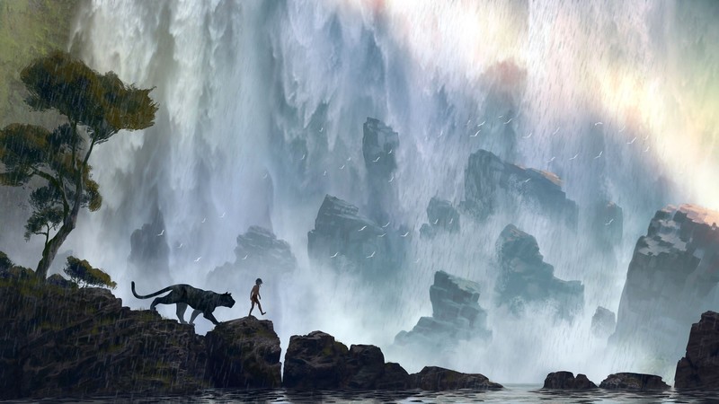 The Jungle Book, movies, artwork, waterfall, animals, big cats, children