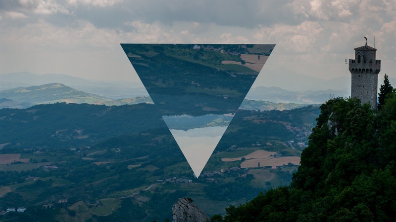 landscape, architecture, tower, mountains, mountain top, triangle, inverted