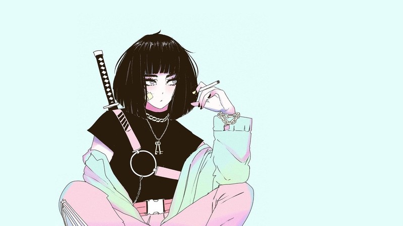 brunette, drawn, women, digital art, short hair, katana, smoking, cigarettes, bob hairstyle, bangs