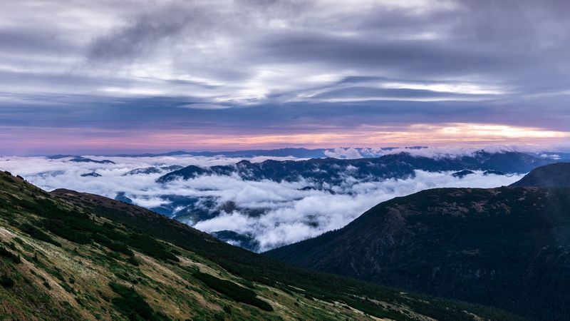mountains, top, clouds, sunset, sky, porous, 4k